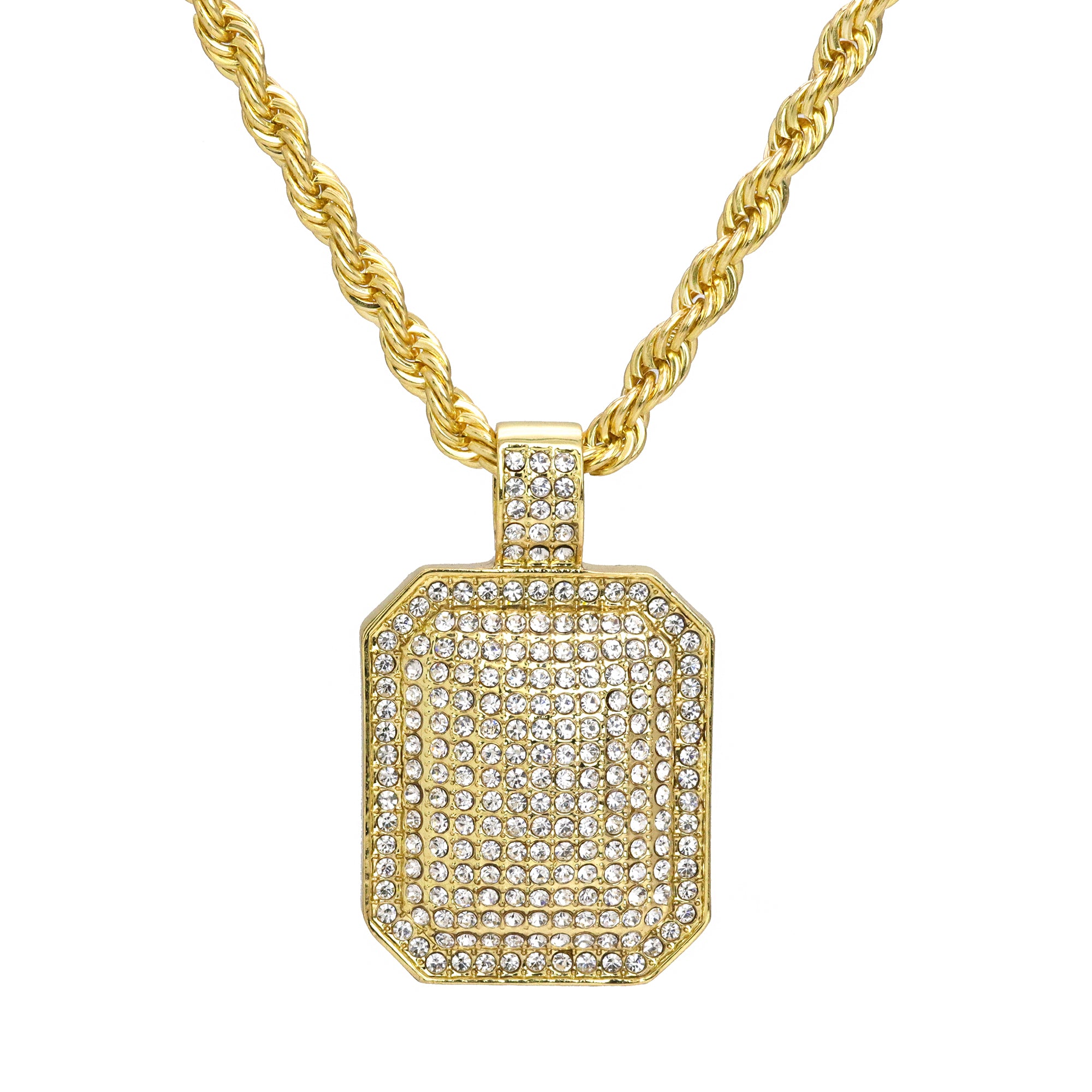 Fully Cz Dog Tag Pendant 30" Rope Chain Hip Hop Style 18k Gold Plated
