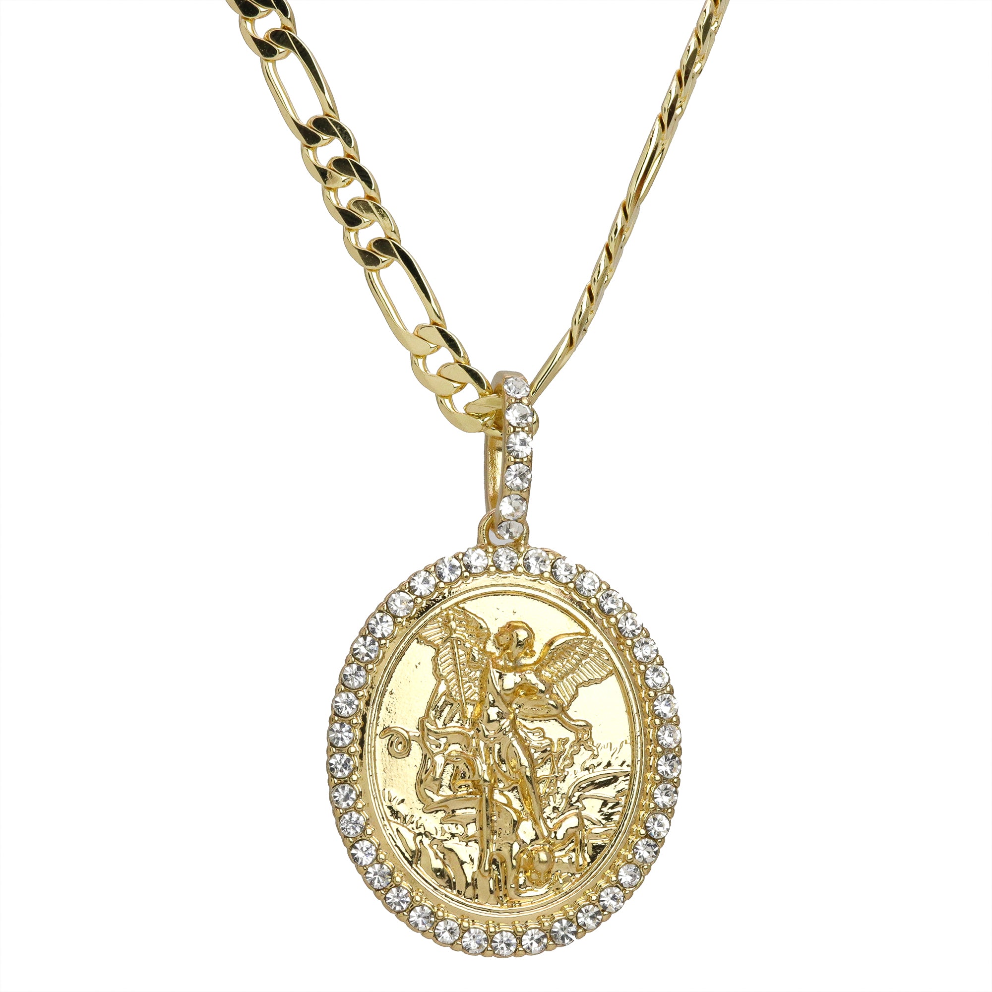 Iced Religious Angel Michael Pendant 24 Figaro Chain Hip Hop 18k Jewelry Necklace