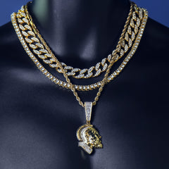 Clear Cz Rapper Face NIpsy Hustler 4 Pcs Set Clear Cz Cuban, Tennis & Rope Chain Bundle Gold PT