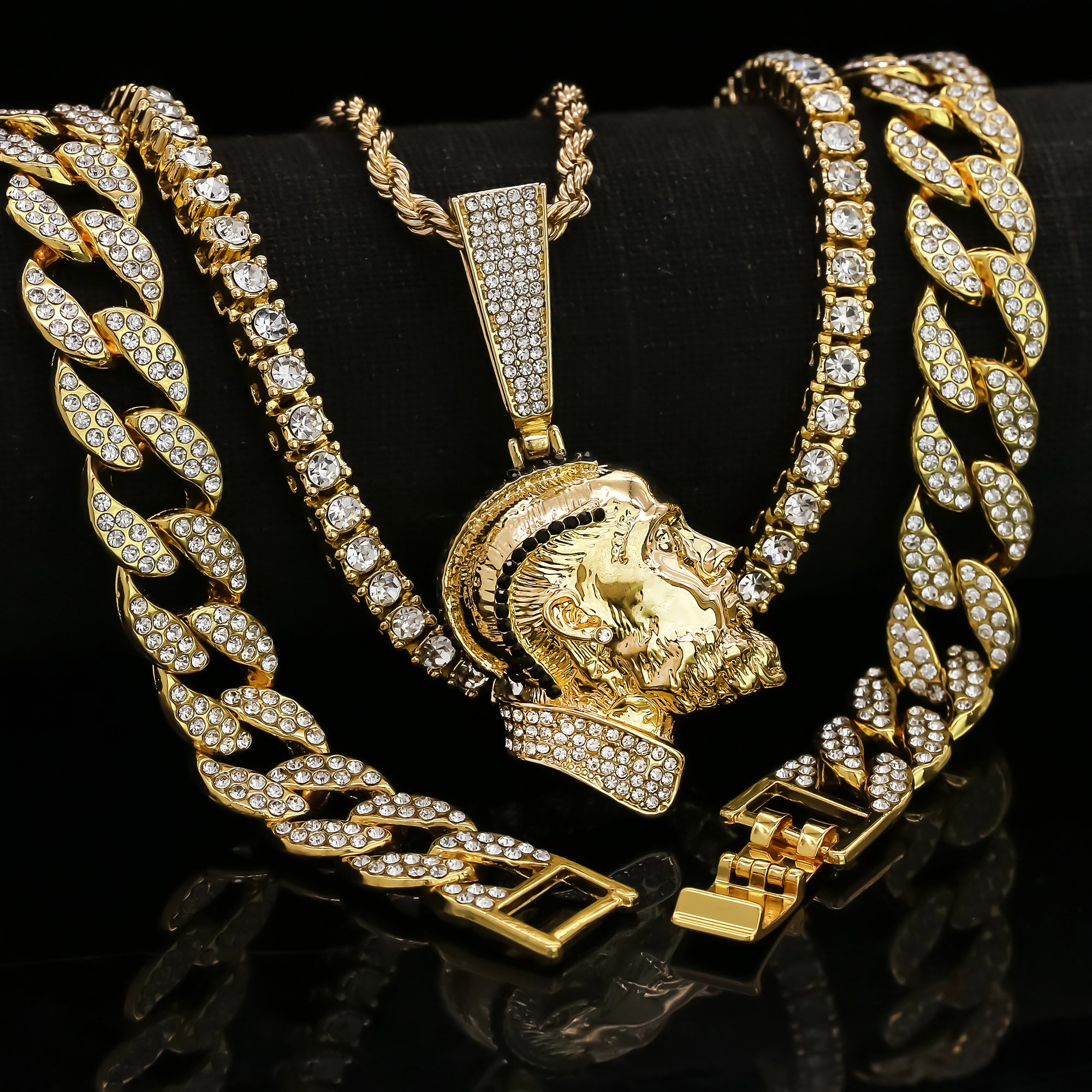Black Cz Rapper Face NIpsy Hustler 4 Pcs Set Clear Cz Cuban, Tennis & Rope Chain Bundle Gold PT