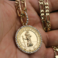 Iced Religious Saint Christopher Pendant 24 Figaro Chain Hip Hop 18k Jewelry Necklace