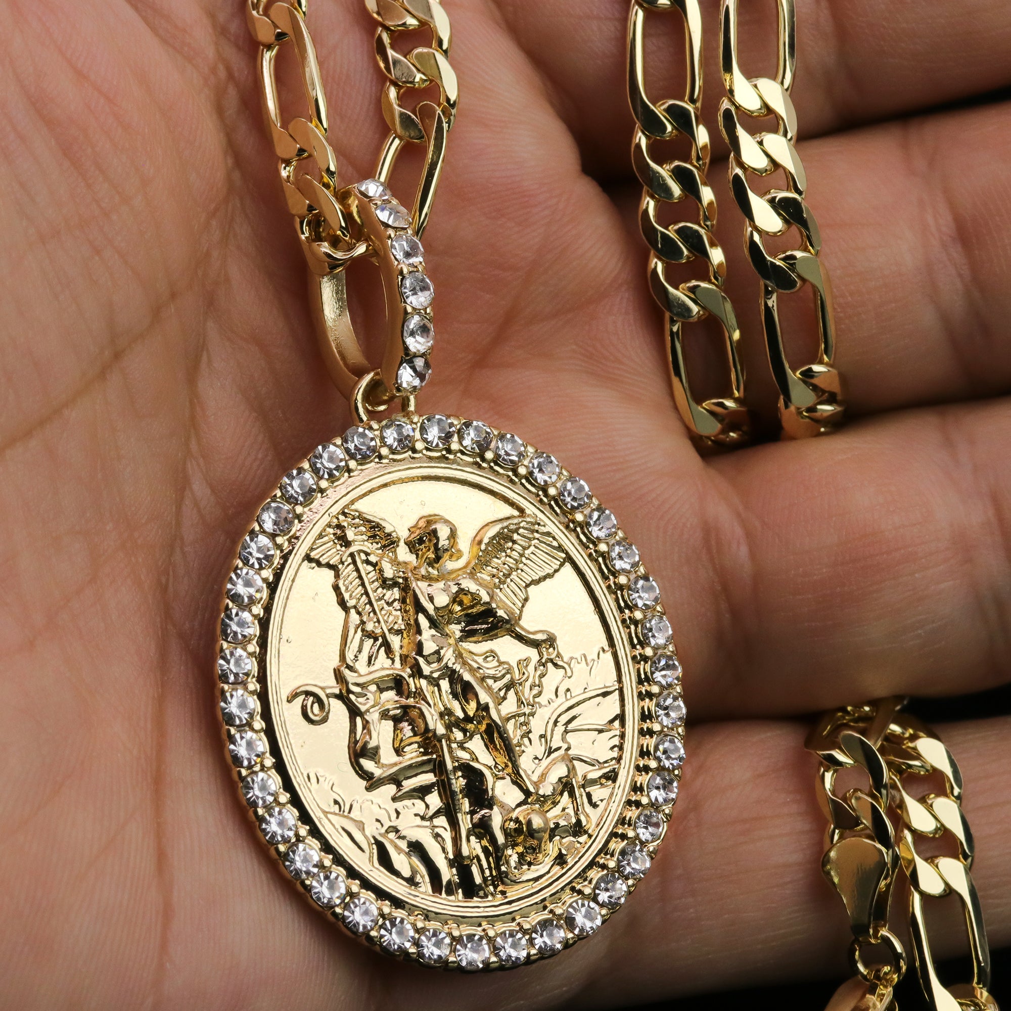 Iced Religious Angel Michael Pendant 24 Figaro Chain Hip Hop 18k Jewelry Necklace