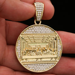 14k Gold Plated Thick Layer Round Last Supper Pendant 24" Frost Cuban Chain