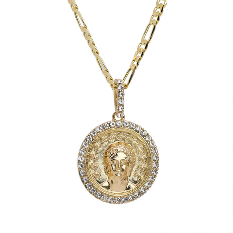 Cz Round Ancient Greek Pendant 24" Figaro Chain Hip Hop Style 18k Gold Plated