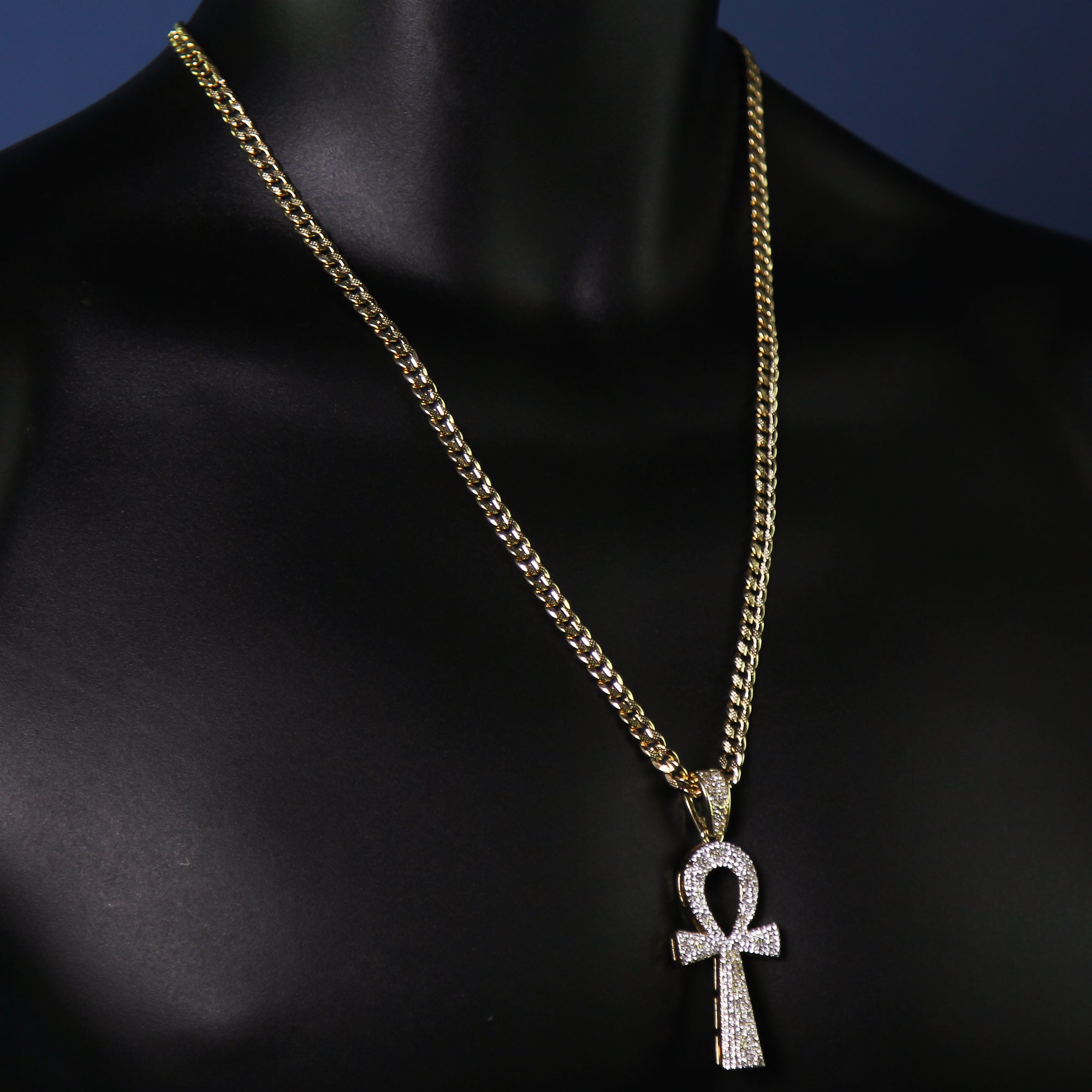 14k Gold Plated Thick Layer Egyptian Ankh Pendant 24" Frost Cuban Chain