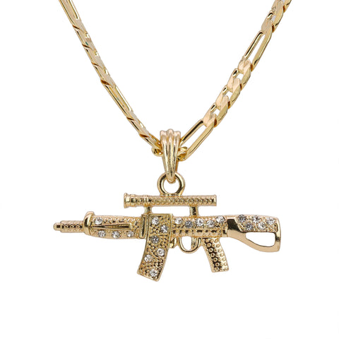 Cz AR Pendant 24" Figaro Chain Hip Hop Style 18k Gold Plated