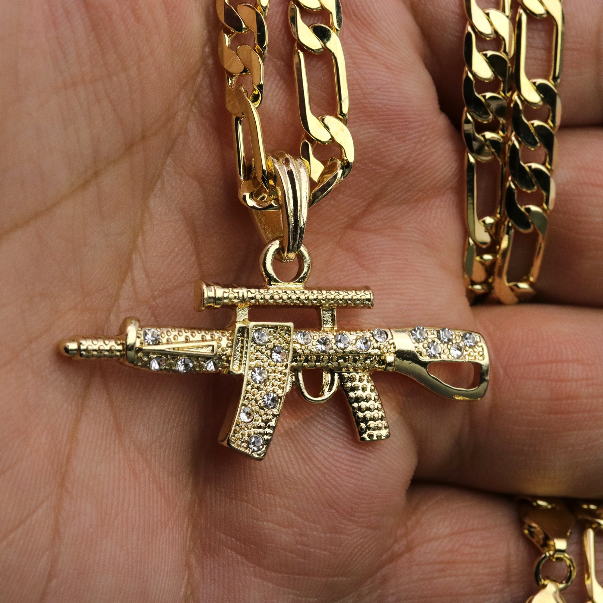 Cz AR Pendant 24" Figaro Chain Hip Hop Style 18k Gold Plated