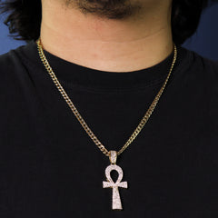 14k Gold Plated Thick Layer Egyptian Ankh Pendant 24" Frost Cuban Chain