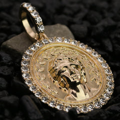 Cz Round Ancient Greek Pendant 24" Figaro Chain Hip Hop Style 18k Gold Plated