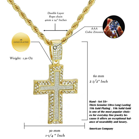 Ap Cross Stardust Pendant Rope Necklace Chain Men's Hip Hop 18k Cz Jewelry