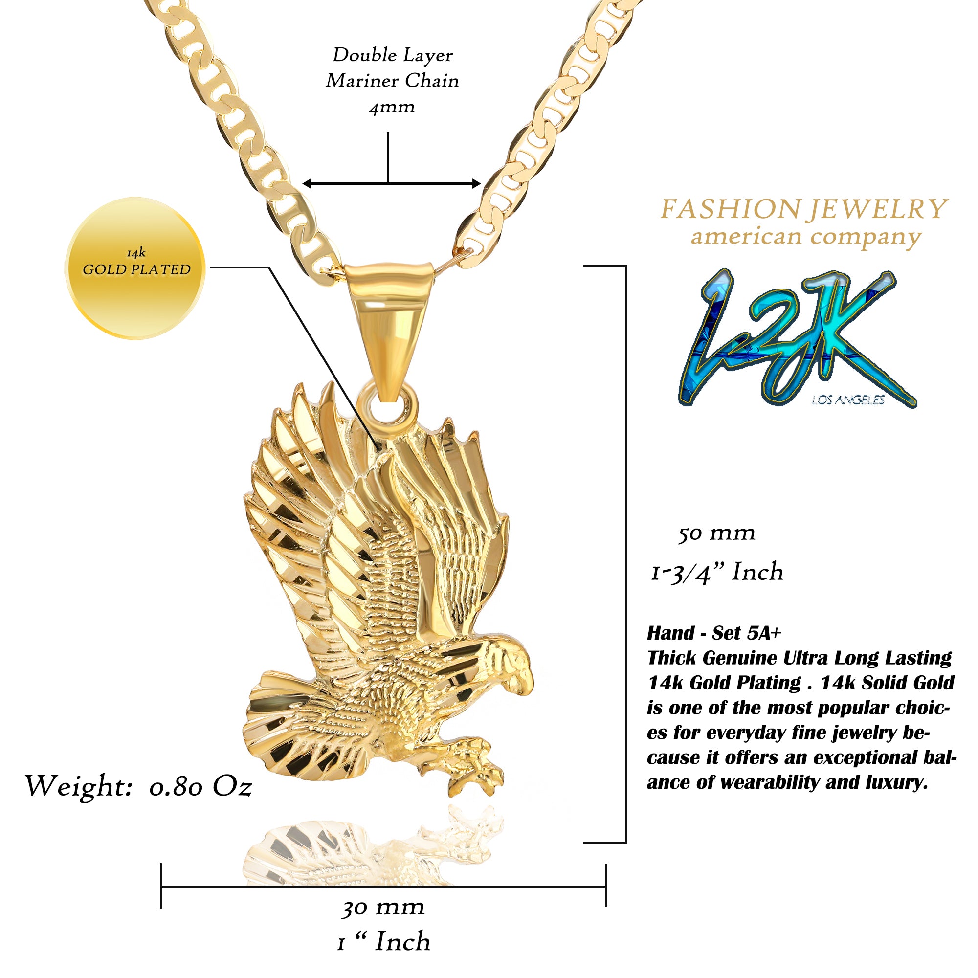 Eagle Pendant Mariner Chain 20" Gold Plated
