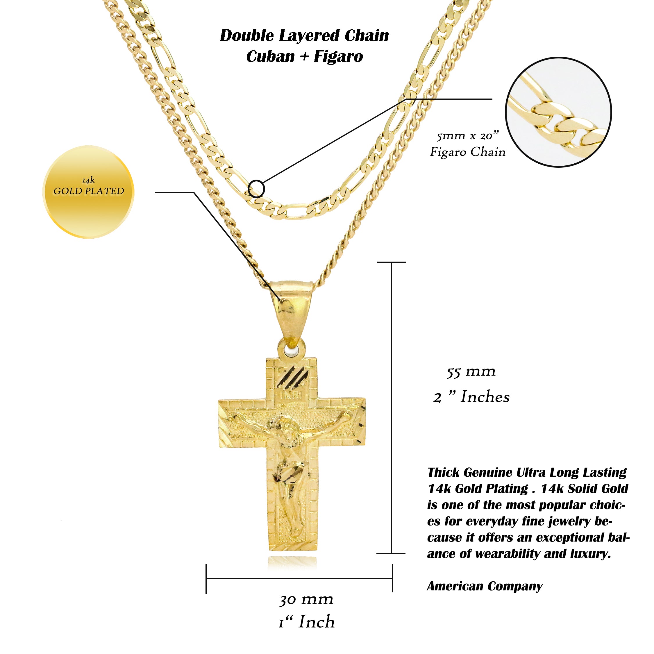 INRI Jesus Cross Diamond Cut Pendant Cuban / Franco Choker Chain 14k Gold Plated