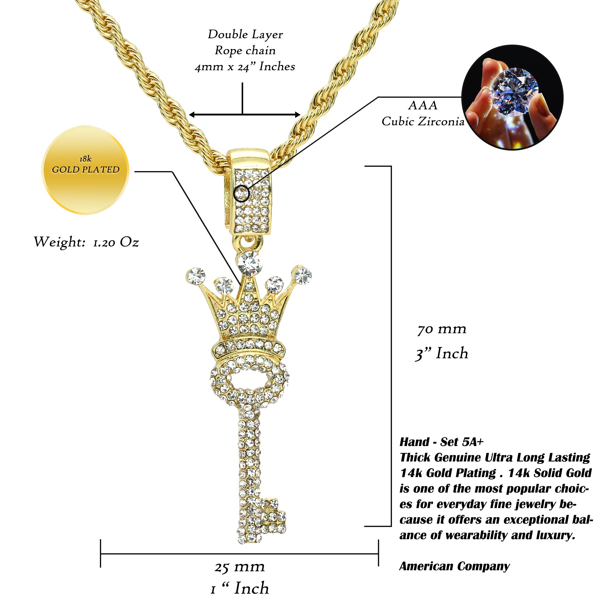 OG Crowned Key Pendant Rope Necklace Chain Men's Hip Hop 18k Cz Jewelry