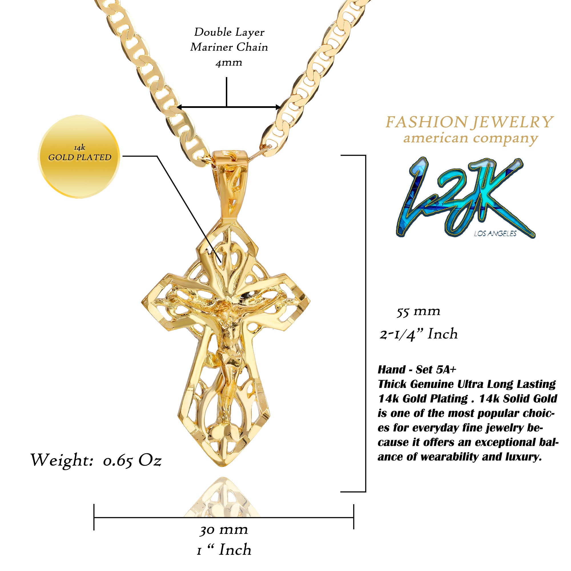 Sharp Cross Pendant Mariner Chain 20" Gold Plated