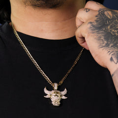 14k Gold Plated Thick Layer Bull Pendant 24" Frost Cuban Chain Necklace