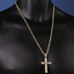 14k Gold Plated Thick Layer Cz Jesus Cross Pendant 24" Frost Cuban Chain