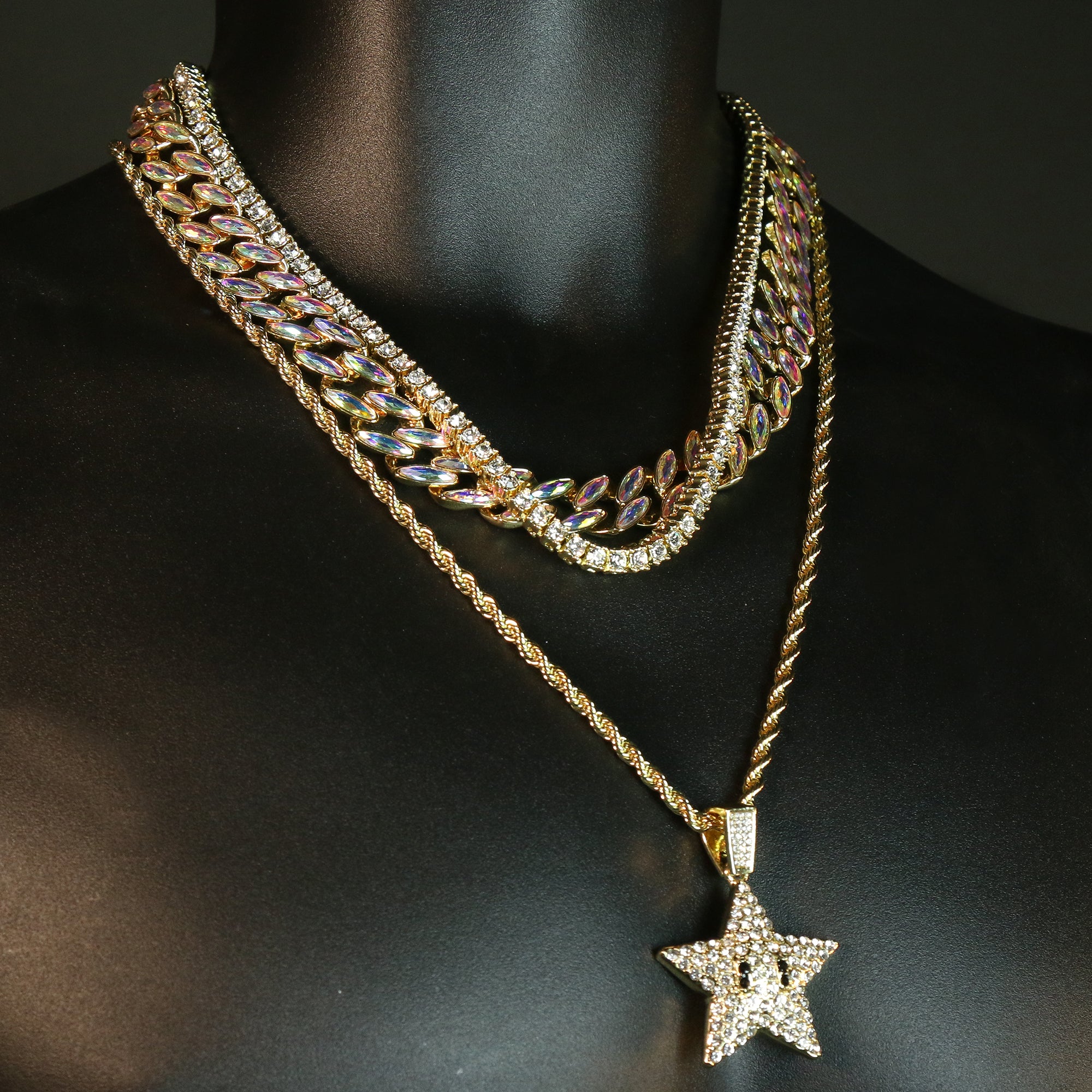 Gold Plated High Fashion AB Cuban Tennis Choker Chains & Cartoon POP STAR Cz Pendant