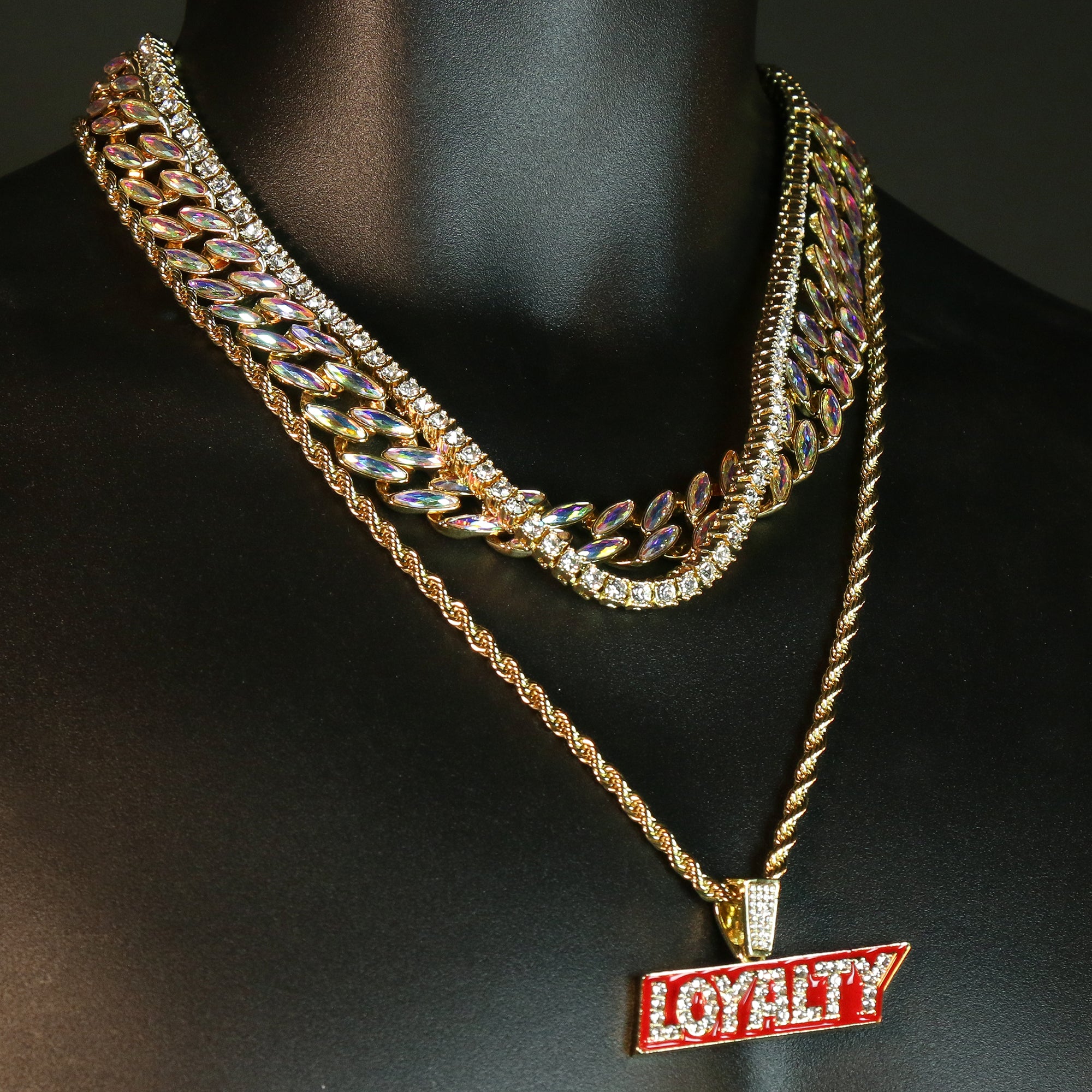 Gold Plated High Fashion AB Cuban Tennis Choker Chains & LOYALTY Cz Letter Pendant