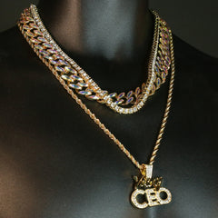 Gold Plated High Fashion AB Cuban Tennis Choker Chains & Young CEO Cz Letter Pendant