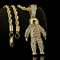 Space Man Iced Pendant 14K Gold 24" Inch 4mm Rope Choker Chain