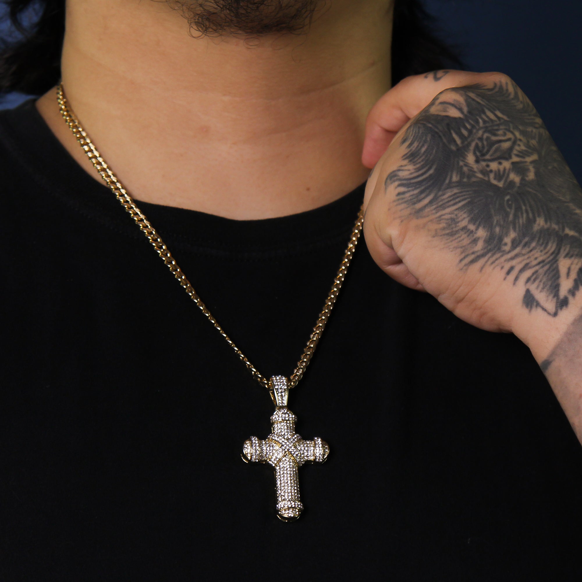14k Gold Plated Thick Layer Cz Staple X Cross Pendant 24" Frost Cuban Chain