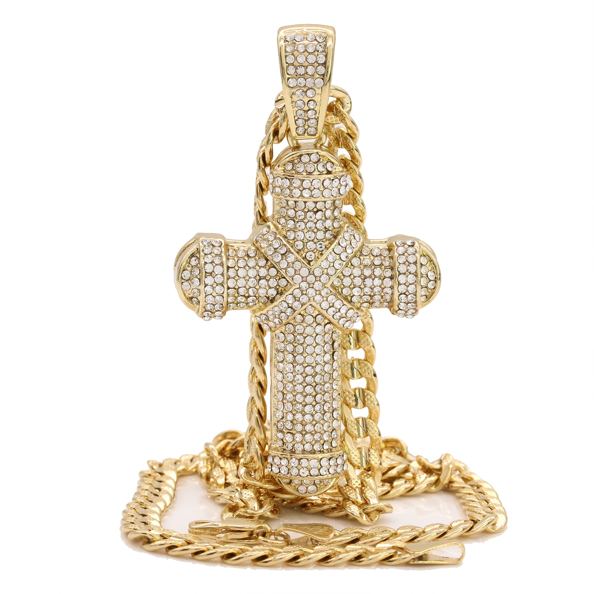 14k Gold Plated Thick Layer Cz Staple X Cross Pendant 24" Frost Cuban Chain