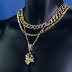 Blue Cz Rapper Face NIpsy Hustler 4 Pcs Set Clear Cz Cuban, Tennis & Rope Chain Bundle Gold PT