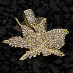 Iced Marijuana Leaf Pendant 24"Rope Chain Hip Hop Style 18k Gold Plated