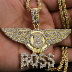 Iced Boss Wing Drip Pendant 24"Rope Chain Hip Hop Style 18k Gold Plated