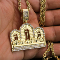 Iced Last Supper Temple Pendant 24"Rope Chain Hip Hop Style 18k Gold Plated