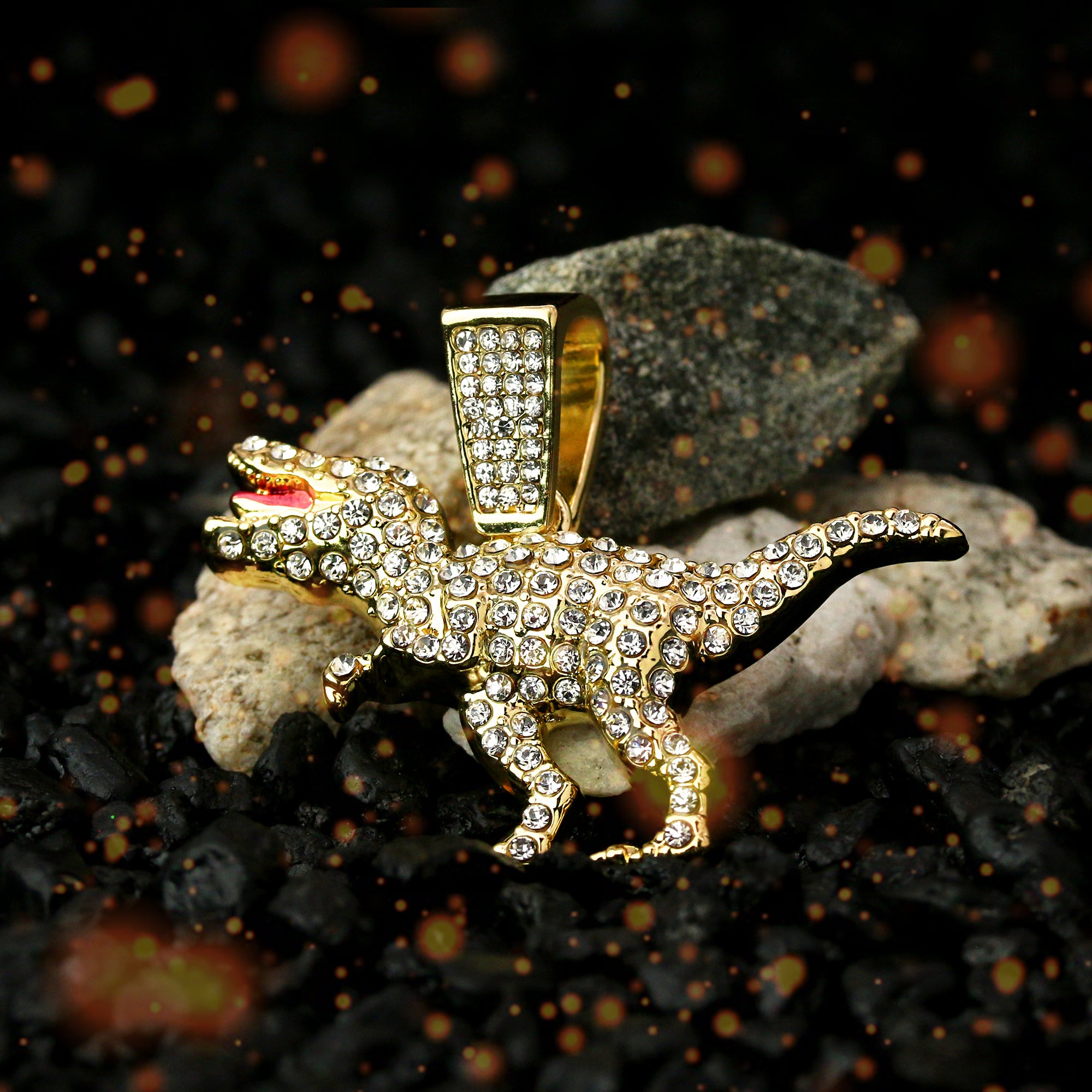 T-rex Dinosaur Iced Pendant 14K Gold 24" Inch 4mm Rope Choker Chain