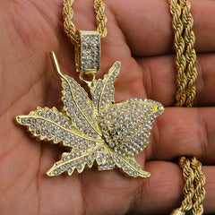 Iced Marijuana Leaf Pendant 24"Rope Chain Hip Hop Style 18k Gold Plated