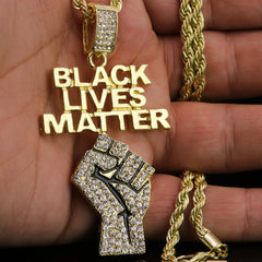 Iced BLM Fist Letter Pendant 24"Rope Chain Hip Hop Style 18k Gold Plated