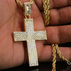 Iced 4 Row Cross Pendant 24"Rope Chain Hip Hop Style 18k Gold Plated