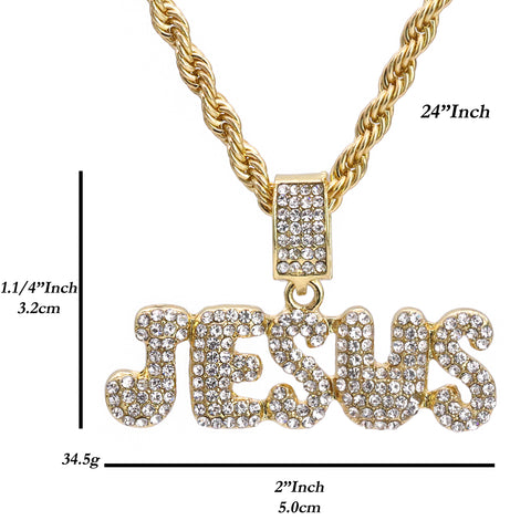 Jesus Bubble Letter Iced Pendant 24" Rope Chain Hip Hop Style 18k Gold Plated