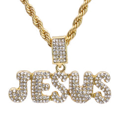 Jesus Bubble Letter Iced Pendant 24" Rope Chain Hip Hop Style 18k Gold Plated