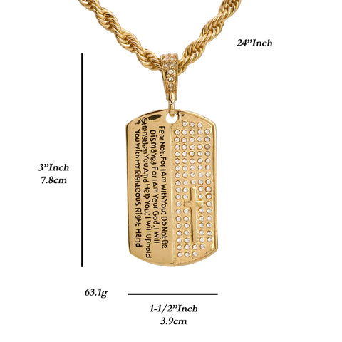 Dog Tag Encrypt Prayer Pendant 20" Rope Chain Hip Hop Style 18k Gold Plated