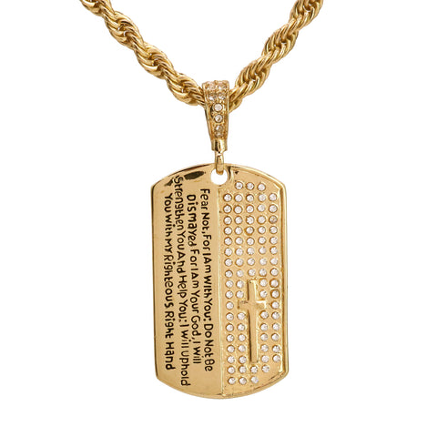 Dog Tag Encrypt Prayer Pendant 20" Rope Chain Hip Hop Style 18k Gold Plated