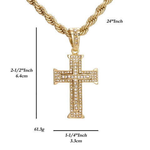 Two Layer Cross Pendant 20" Rope Chain Hip Hop Style 18k Gold Plated