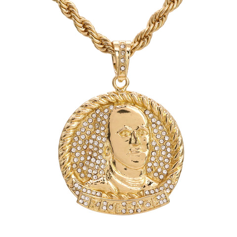 $100 Benjamin Medallion Pendant 20" Rope Chain Hip Hop Style 18k Gold Plated