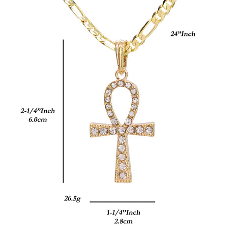 Egyptian Ankh Pendant 24" Figaro Chain Hip Hop Style 18k Gold Plated