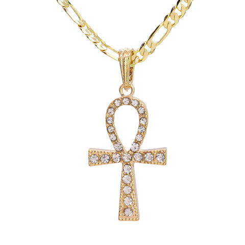Egyptian Ankh Pendant 24" Figaro Chain Hip Hop Style 18k Gold Plated