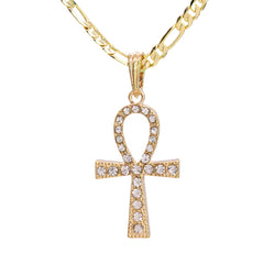 Egyptian Ankh Pendant 24" Figaro Chain Hip Hop Style 18k Gold Plated