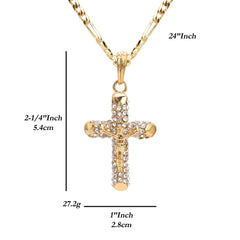 Jesus Crucifix Pendant 24" Figaro Chain Hip Hop Style 18k Gold Plated