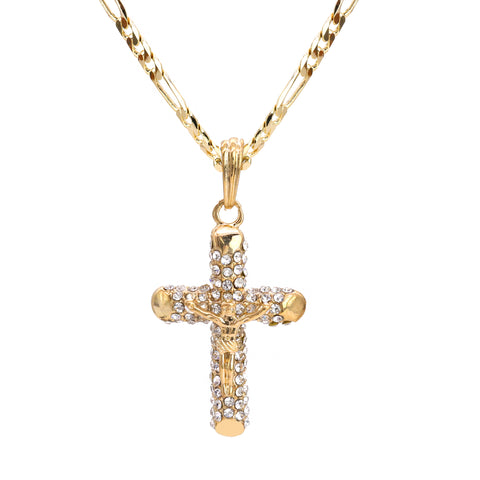 Jesus Crucifix Pendant 24" Figaro Chain Hip Hop Style 18k Gold Plated
