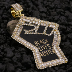 Iced Baguette BLM Fist Pendant 24"Rope Chain Hip Hop Style 18k Gold Plated