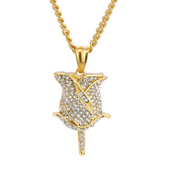Rose Fully Iced Pendant 24" Cuban Chain Hip Hop Style 18k Gold Stainless Steel