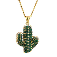 Green Cactus Pendant 24" Cuban Chain Hip Hop Style 18k Gold Stainless Steel