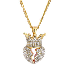 Crowned Broken Heart Pendant 24" Cuban Chain Hip Hop Style 18k Gold Stainless Steel