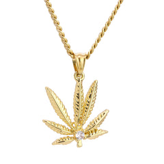 Marijuana Leaf Pendant 24" Cuban Chain Hip Hop Style 18k Gold Stainless Steel